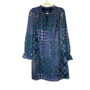 Jessica Howard Blue Green Print‎ Long Sleeve Mock Neck Dress Women's Size 14